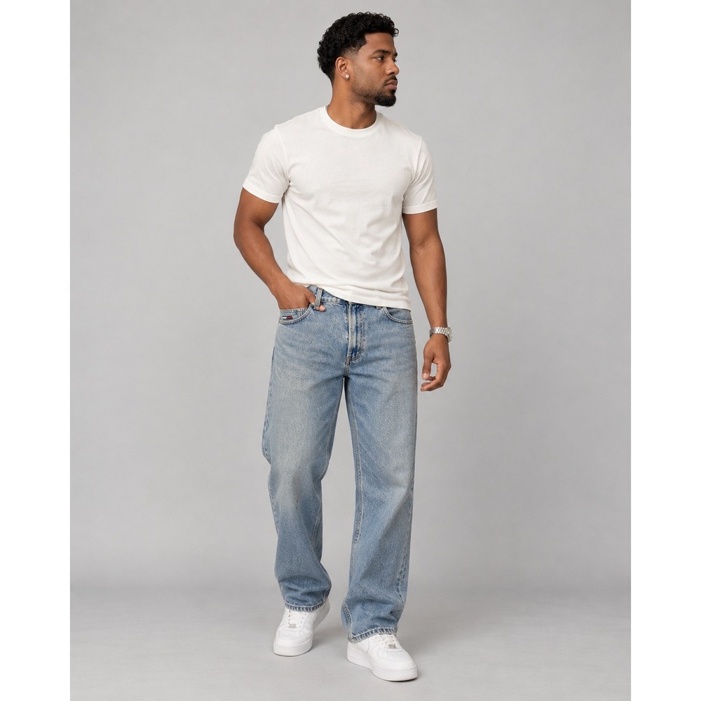 Tommy Jeans Mens Relaxed Straight Leg Denim Light Wash Flag Logo 34x30 Street